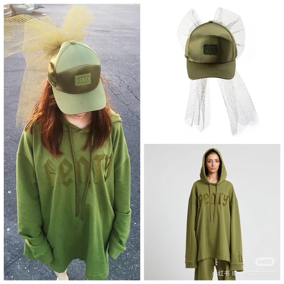 Puma x FENTY olive satin Women Satin Hat W/ Tulle Bow Baseball Cap - Picture 5 of 8